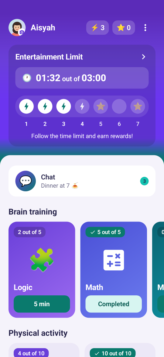 Skrin utama app anak MyKiddo Guard Kids: had hiburan 01:32 daripada 03:00, ganjaran minggu ini dan chat dengan 3 mesej baharu