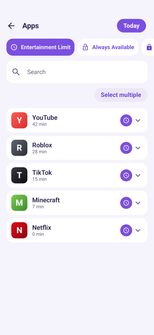 Skrin Apps: kategori Had hiburan dengan YouTube, Roblox, TikTok, Minecraft dan Netflix serta masa penggunaan hari ini