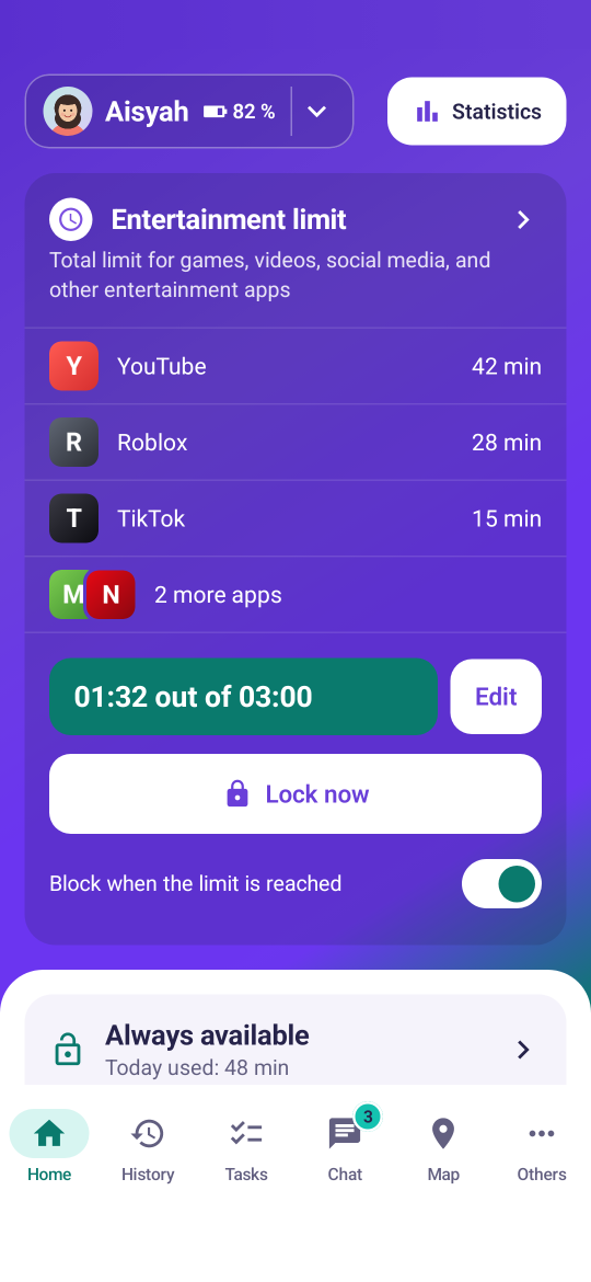 Skrin utama app ibu bapa MyKiddo Guard: had hiburan Aisyah 01:32 daripada 03:00, senarai app dan butang Kunci sekarang