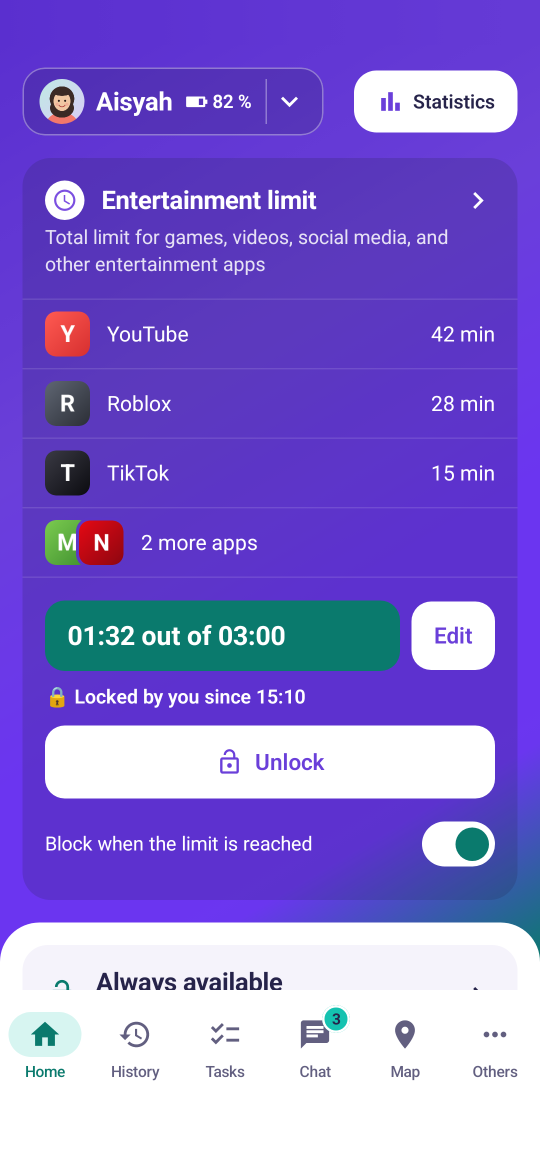 App ibu bapa: had hiburan 01:32 daripada 03:00, dikunci oleh anda sejak 15:10, dengan butang Buka kunci